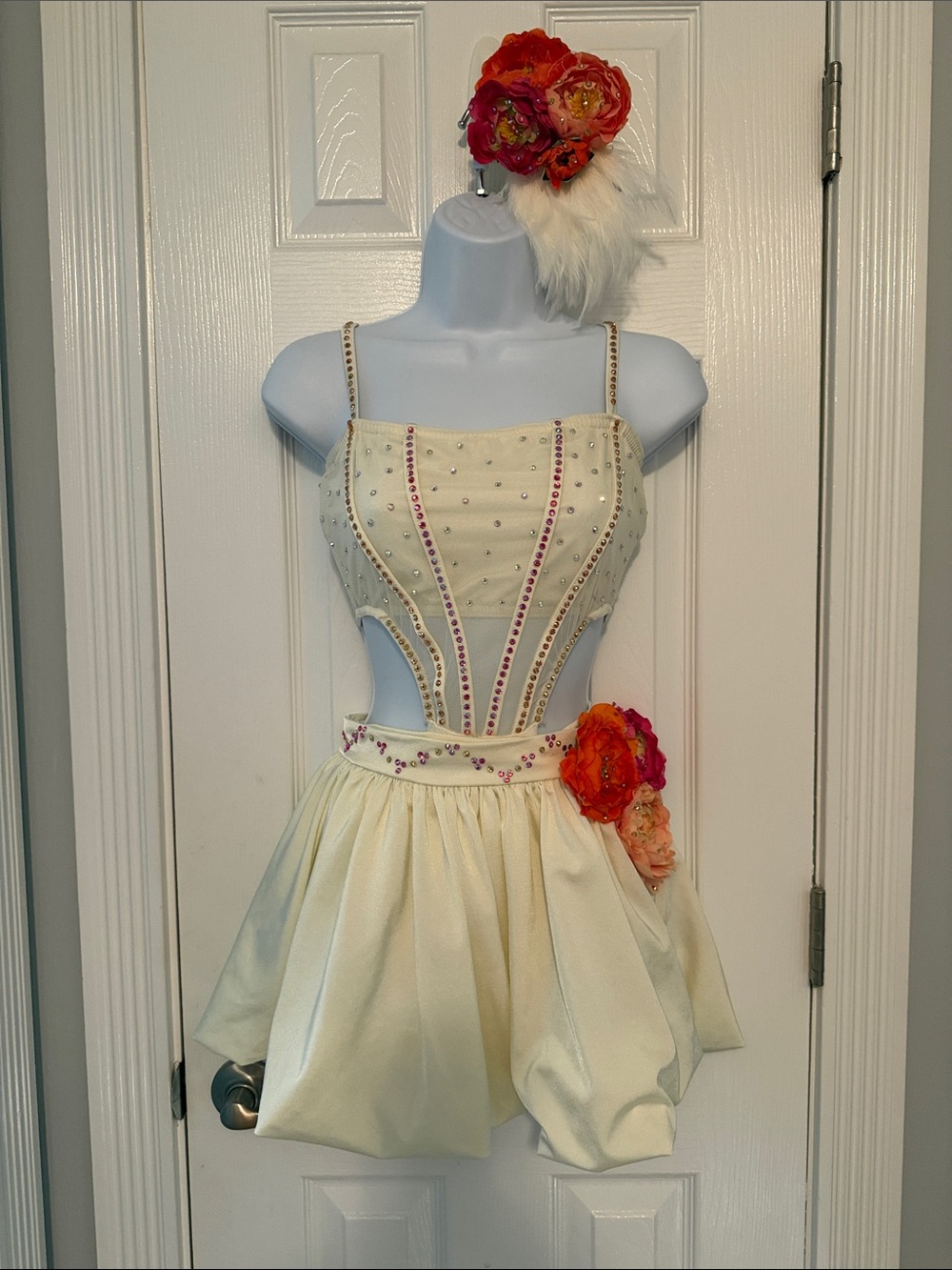 Ivory Beaded Cutout Dance Costume with Floral Accents